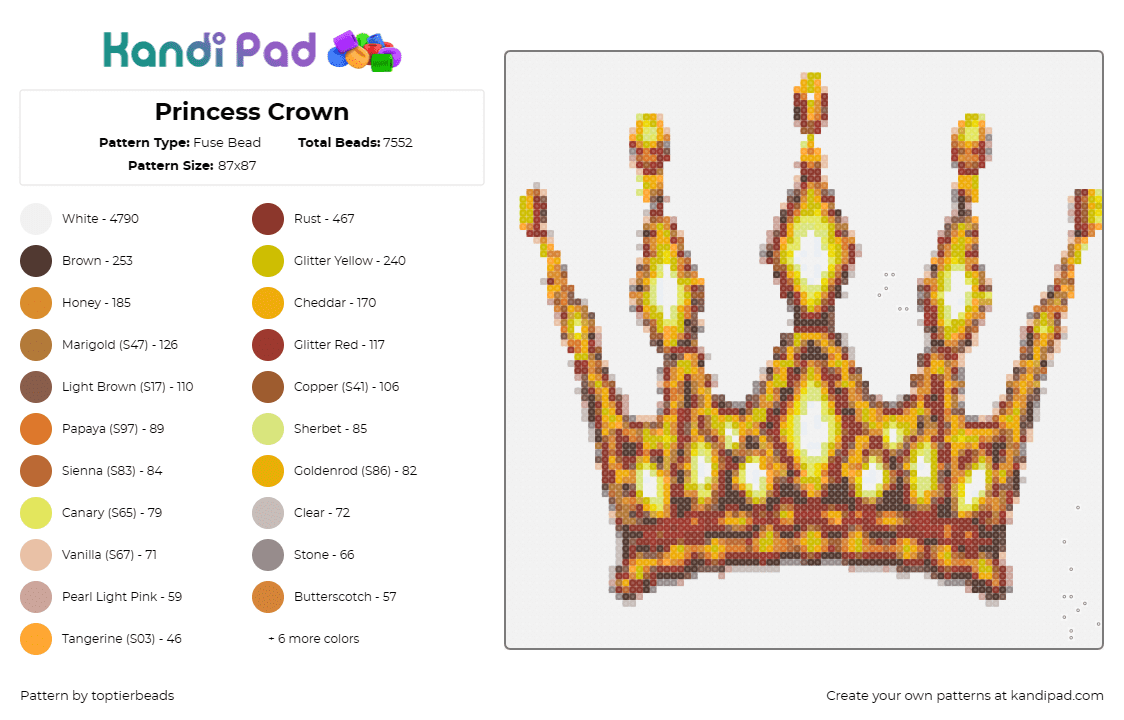 Princess Crown - Fuse Bead Pattern by toptierbeads on Kandi Pad - crown,royalty,gold,princess,elegance,regal,majestic,golden