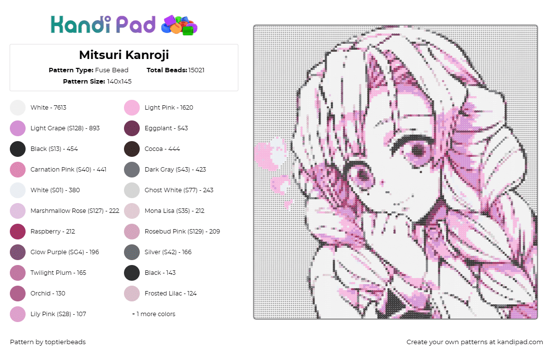 Mitsuri Kanroji - Fuse Bead Pattern by toptierbeads on Kandi Pad - mitsuri kanroji,demon slayer,anime,love hashira,gentle,striking,anime world,pink