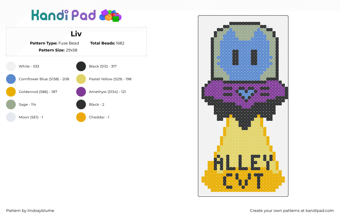 Liv - Fuse Bead Pattern by lindsayblume on Kandi Pad - alley cvt,ufo,dj,tractor beam,music,edm,cat,yellow,purple,blue