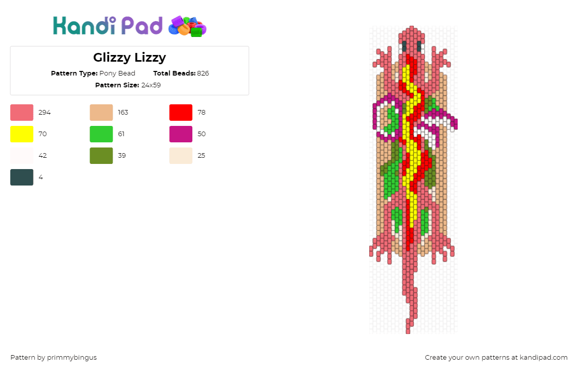 Glizzy Lizzy - Pony Bead Pattern by primmybingus on Kandi Pad - hotdog,lizard,glizzy,mashup,food,ketchup,mustard,reptile,animal,red