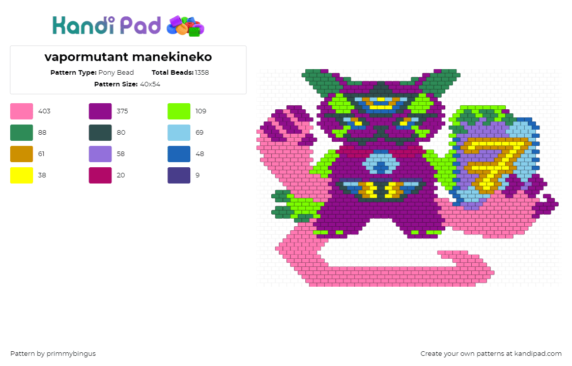 vapormutant manekineko - Pony Bead Pattern by primmybingus on Kandi Pad - 