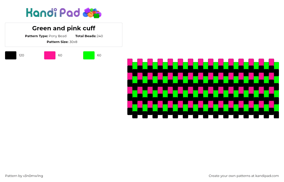 Green and pink cuff - Pony Bead Pattern by v3n0mw1ng on Kandi Pad - scene,neon,dark,cuff,black,pink,green