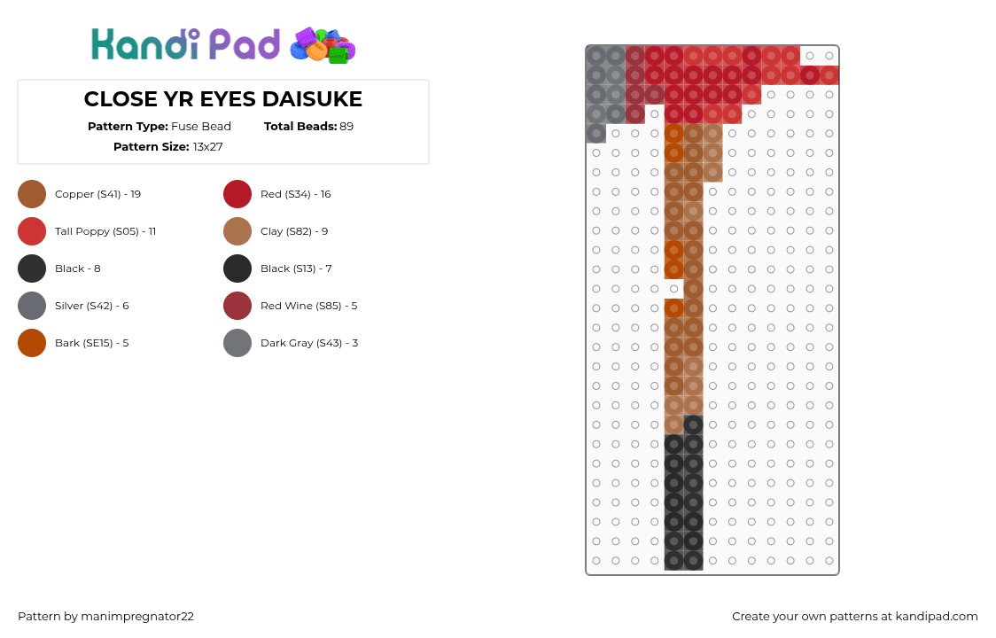 CLOSE YR EYES DAISUKE - Fuse Bead Pattern by manimpregnator22 on Kandi Pad - axe,mouthwashing,weapon,tool,video game,horror,firefighter,red,brown