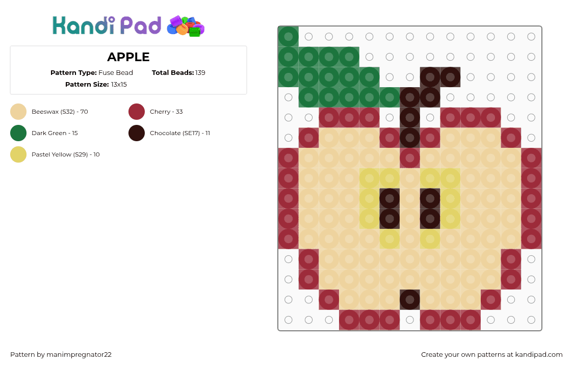 APPLE - Fuse Bead Pattern by manimpregnator22 on Kandi Pad - apply,fruit,food,core,charm,red,green,beige