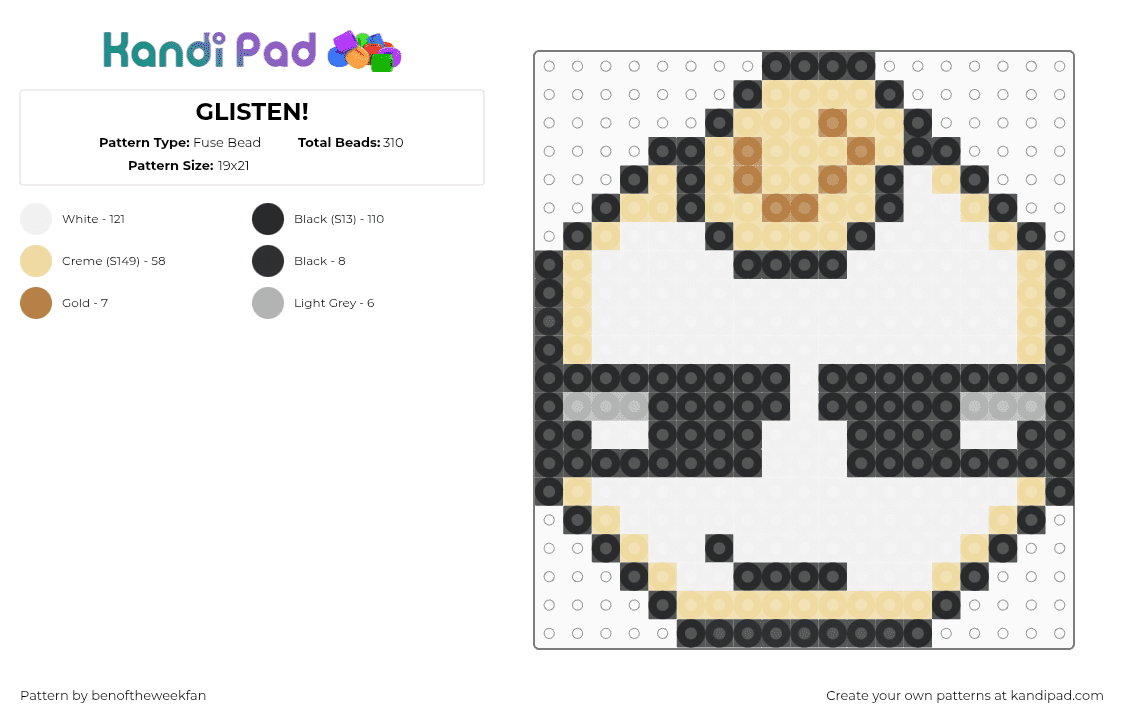 GLISTEN! - Fuse Bead Pattern by s0n1cxl0v3r3 on Kandi Pad - glisten,dandys world,head,character,charm,video game,white,beige,black