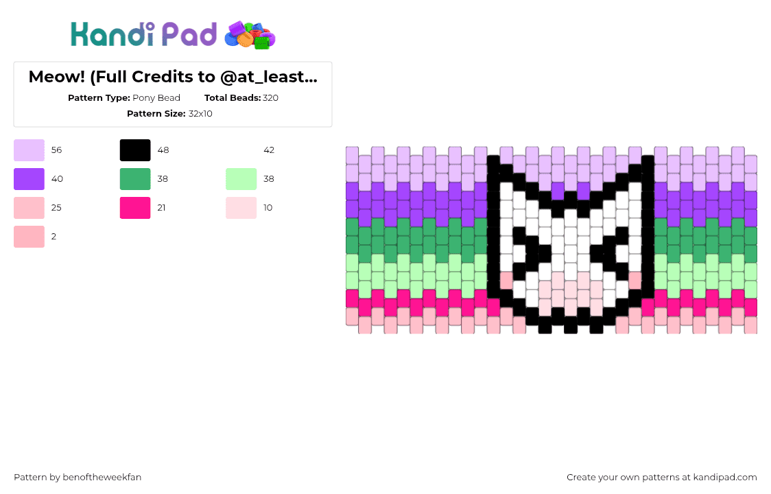 Meow! (Full Credits to @at_least_i_tried for the idea!) - Pony Bead Pattern by s0n1cxl0v3r3 on Kandi Pad - cat,colorful,femtanyl,cuff,purple,white,green