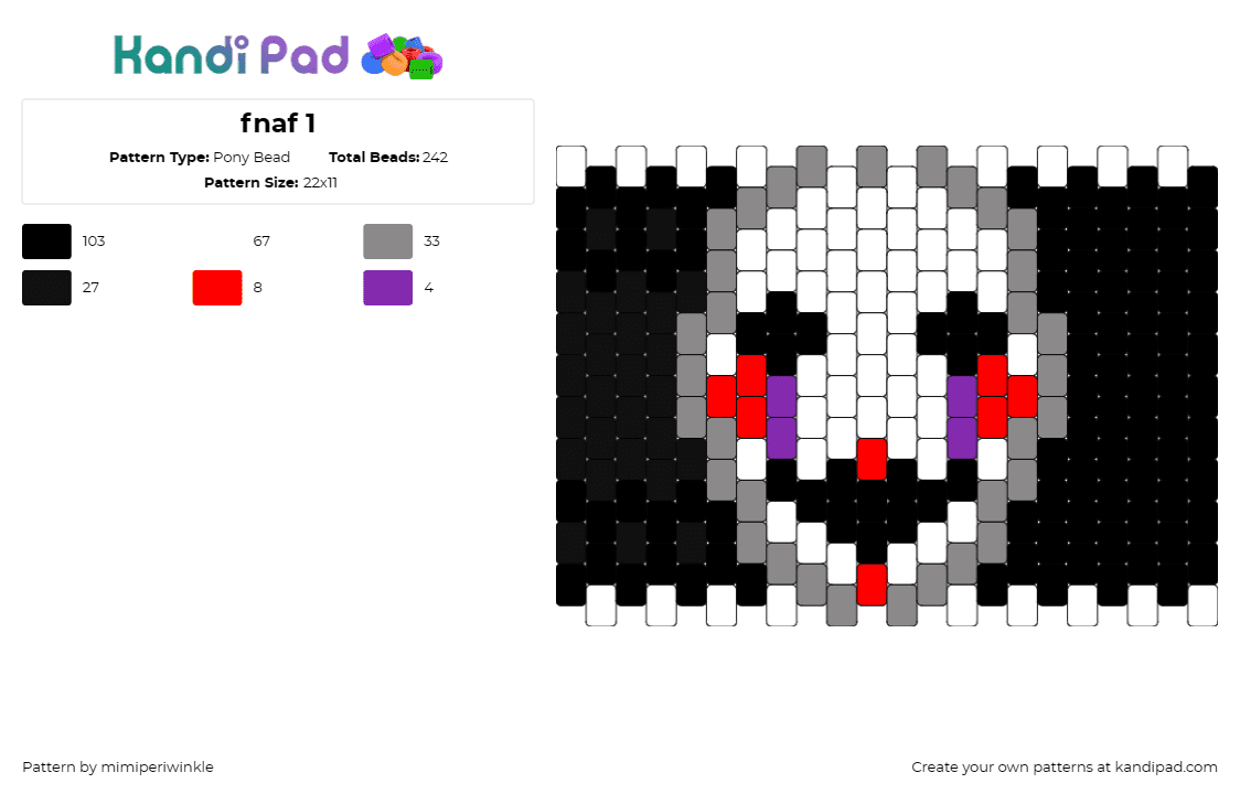 fnaf 1 - Pony Bead Pattern by mimiperiwinkle on Kandi Pad - fnaf,five nights at freddys,face,spooky,video game,horror,mask,white,black