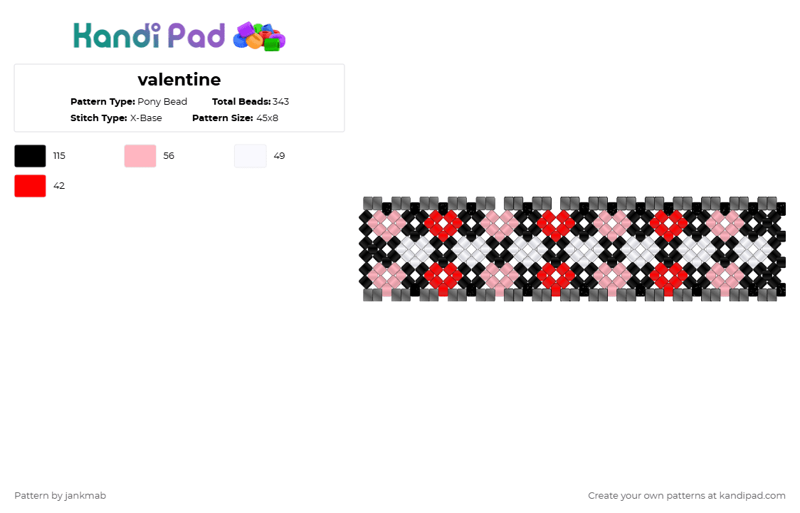 valentine - Pony Bead Pattern by jankmab on Kandi Pad - valentine,xbase,cuff,love,valentines day,heart,holiday,black,pink,red