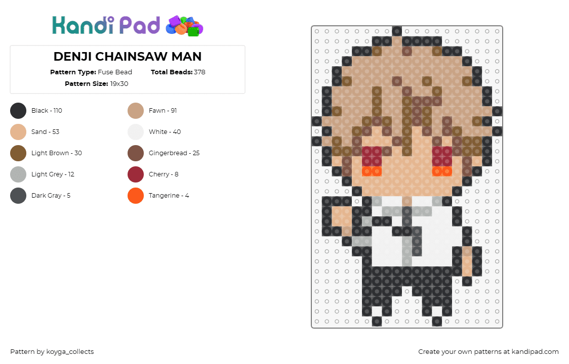 DENJI CHAINSAW MAN - Fuse Bead Pattern by koyga_collects on Kandi Pad - enji,chainsaw man,anime,vibrant,action,series,fan,tan,white