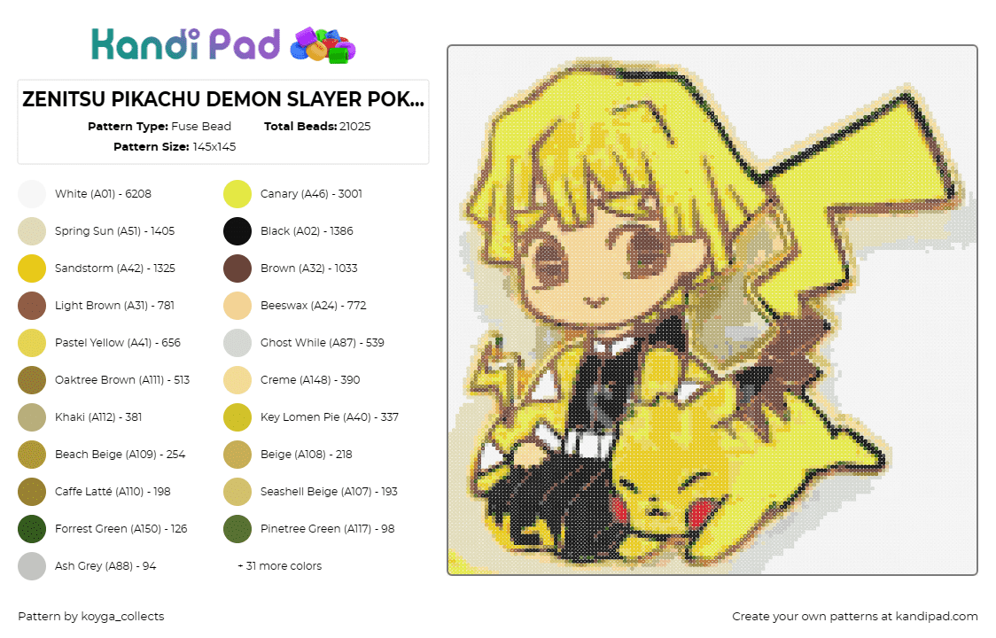 ZENITSU PIKACHU DEMON SLAYER POKEMON - Fuse Bead Pattern by koyga_collects on Kandi Pad - zenitsu agatsuma,pikachu,demon slayer,pokemon,anime,playful,crossover,characters