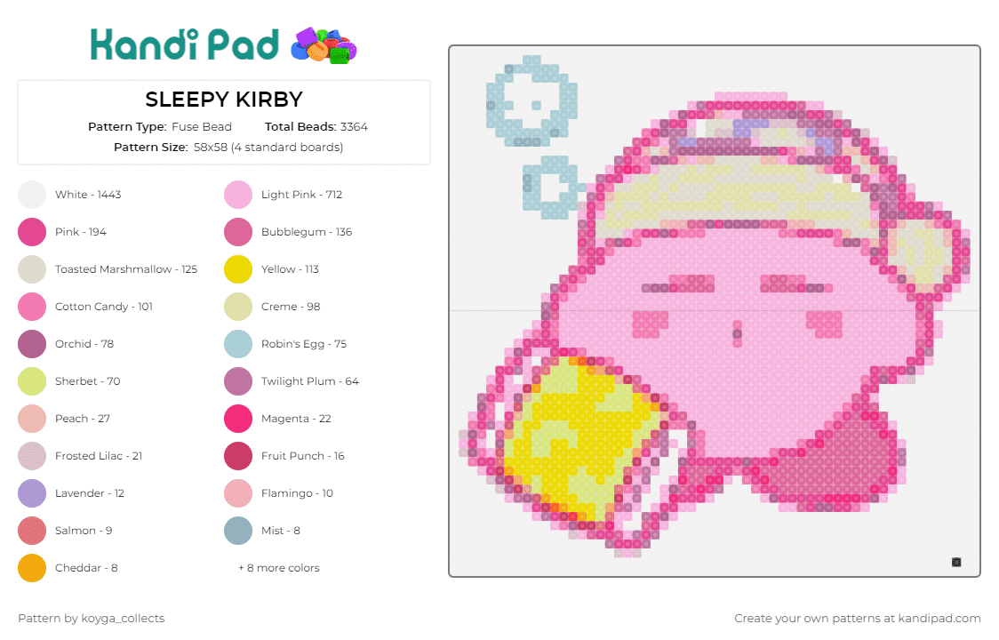 SLEEPY KIRBY - Fuse Bead Pattern by koyga_collects on Kandi Pad - kirby,sleepy,nintendo,video game,character,rest,dreamland,adorable,pink