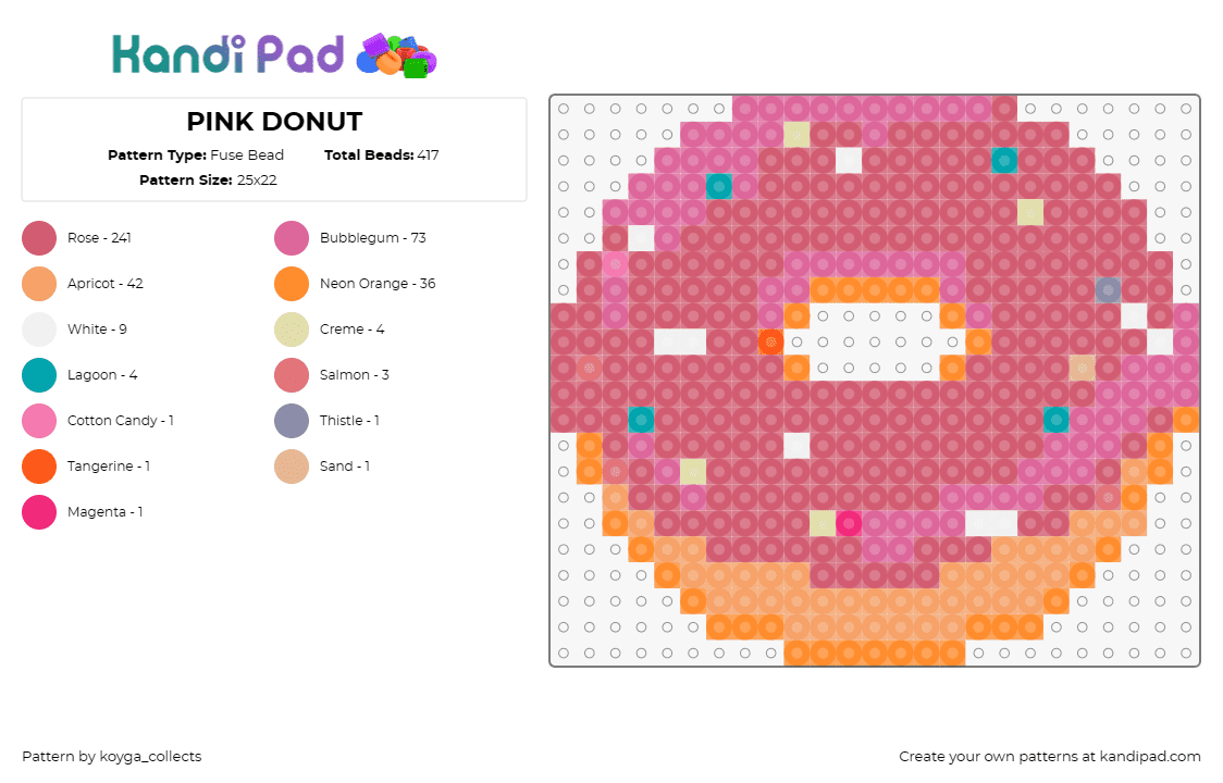 PINK DONUT - Fuse Bead Pattern by koyga_collects on Kandi Pad - donut,sprinkles,breakfast,sweet,snack,food,tasty,pink,orange