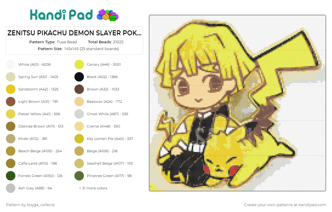 ZENITSU PIKACHU DEMON SLAYER POKEMON - Fuse Bead Pattern by koyga_collects on Kandi Pad - zenitsu agatsuma,pikachu,demon slayer,pokemon,anime,unique,fans,playful,crossover,iconic,characters,yellow