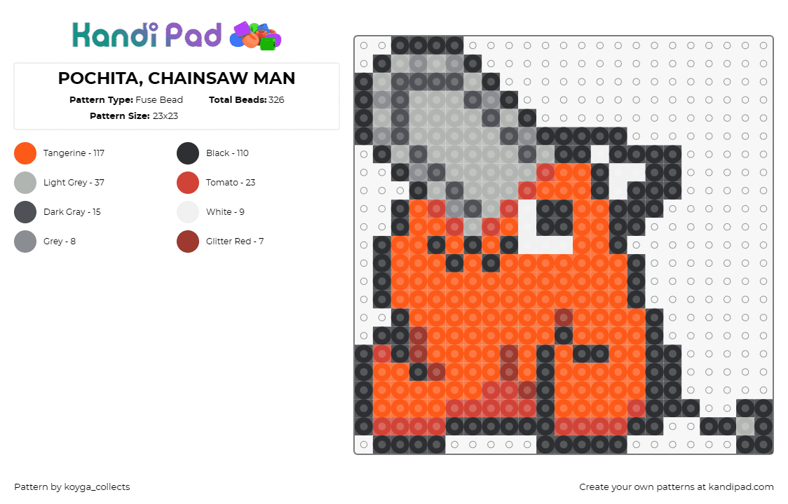 POCHITA, CHAINSAW MAN - Fuse Bead Pattern by koyga_collects on Kandi Pad - pochita,chainsaw man,character,striking,series,share,love,orange,gray