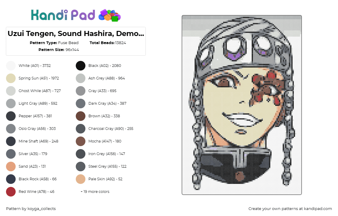 Uzui Tengen, Sound Hashira, Demon Slayer - Fuse Bead Pattern by koyga_collects on Kandi Pad - tengen uzui,demon slayer,charismatic,visage,detailed,engaging,anime,character,gr