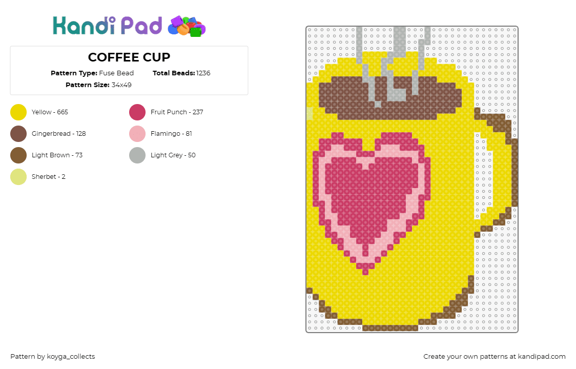 COFFEE CUP - Fuse Bead Pattern by koyga_collects on Kandi Pad - coffee,mug,heart,cup,food,drink,steam,yellow,pink,brown