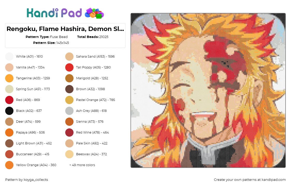 Rengoku, Flame Hashira, Demon Slayer - Fuse Bead Pattern by koyga_collects on Kandi Pad - kyojiro rengoku,demon slayer,anime,flame hashira,exuberant,determination,orange,