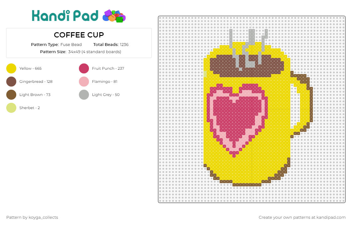 COFFEE CUP - Fuse Bead Pattern by koyga_collects on Kandi Pad - coffee,mug,heart,cup,food,drink,steam,yellow,pink,brown