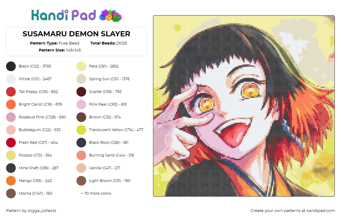 SUSAMARU DEMON SLAYER - Fuse Bead Pattern by koyga_collects on Kandi Pad - susamaru,demon slayer,anime,exuberant,character,energetic,colorful,orange,yellow