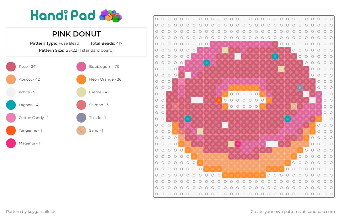 PINK DONUT - Fuse Bead Pattern by koyga_collects on Kandi Pad - donut,sprinkles,breakfast,sweet,snack,food,tasty,pink,orange