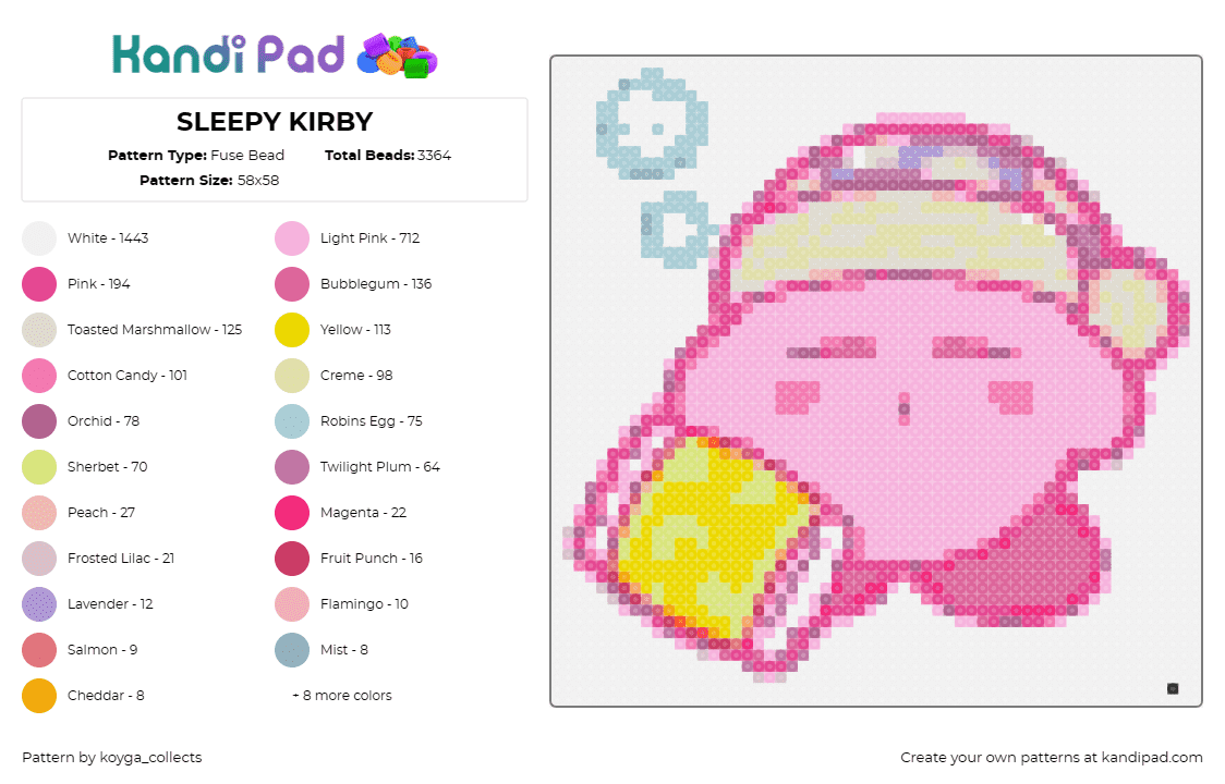 SLEEPY KIRBY - Fuse Bead Pattern by koyga_collects on Kandi Pad - kirby,sleepy,nintendo,video game,character,dreamland,cute,pink