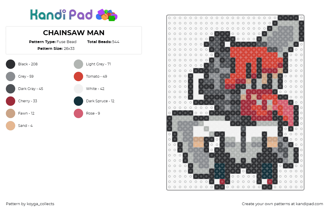 CHAINSAW MAN - Fuse Bead Pattern by koyga_collects on Kandi Pad - chainsaw man,anime,gray,red