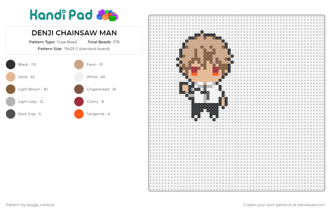 DENJI CHAINSAW MAN - Fuse Bead Pattern by koyga_collects on Kandi Pad - enji,chainsaw man,anime,vibrant,dynamic,action,series,fan,craft,tan,white