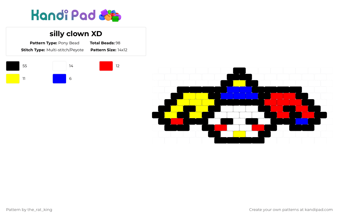 silly clown XD - Pony Bead Pattern by the_rat_king on Kandi Pad - black,red,yellow,cotdaprilfoolsday2026,cute,clown,silly,charm,xd,xp,x3