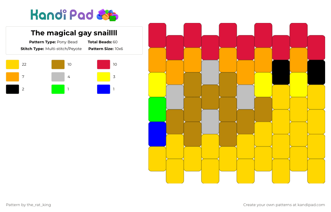 The magical gay snaillll - Pony Bead Pattern by the_rat_king on Kandi Pad - gold,yellow,red