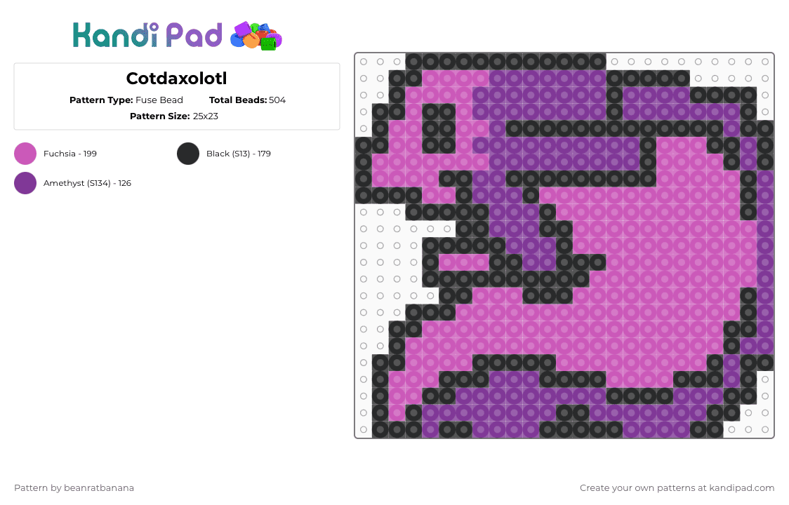 Cotdaxolotl - Fuse Bead Pattern by the_rat_king on Kandi Pad - axolotl,pink,black,cotdaxolotls