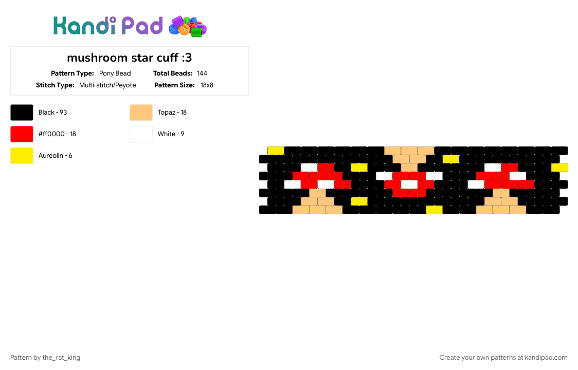 mushroom star cuff :3 - Pony Bead Pattern by the_rat_king on Kandi Pad - black, cotdmushrooms, cuff, cute, fun, fungus, mushroom, night, orange, red, star