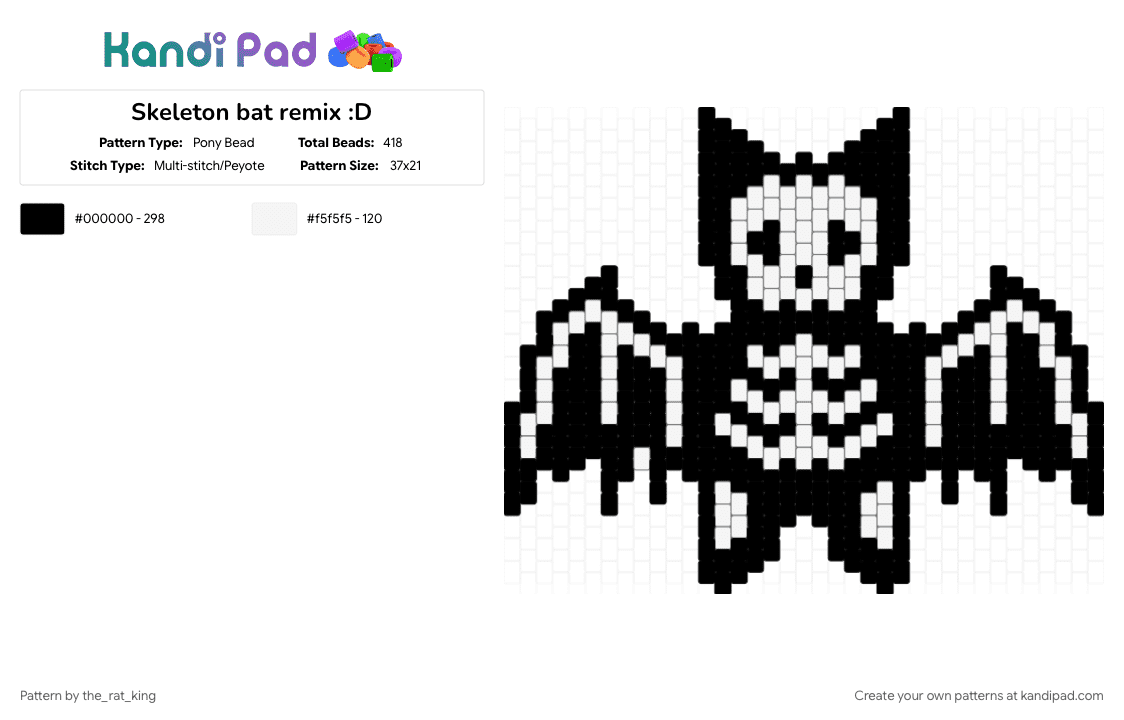 Skeleton bat remix :D - Pony Bead Pattern by the_rat_king on Kandi Pad - bat, black, bone, bones, cute, halloween, skeleton, spooky, white