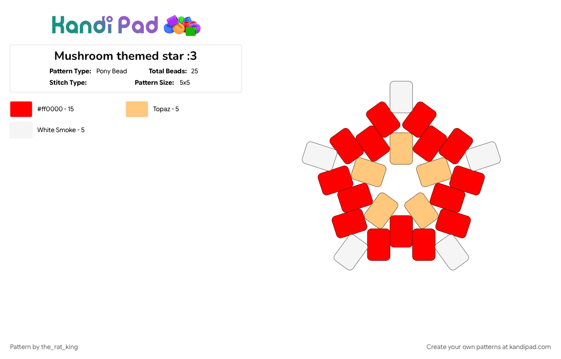 Mushroom themed star :3 - Pony Bead Pattern by the_rat_king on Kandi Pad - charm, cotdmushrooms, cute, mushroom, red, star