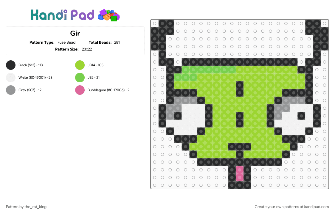 Gir - Fuse Bead Pattern by the_rat_king on Kandi Pad - cartoon, character, cotdoldschoolcartoons, cute, gir, green, invader zim, old