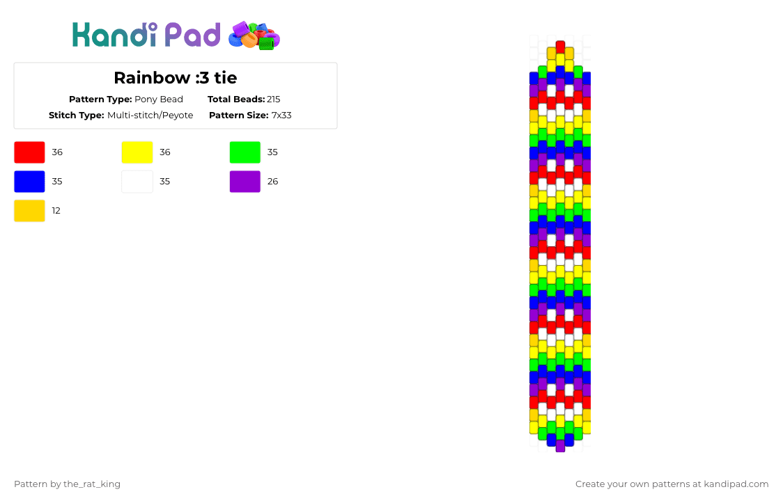 Rainbow :3 tie - Pony Bead Pattern by the_rat_king on Kandi Pad - yellow,purple,tie,rainbow