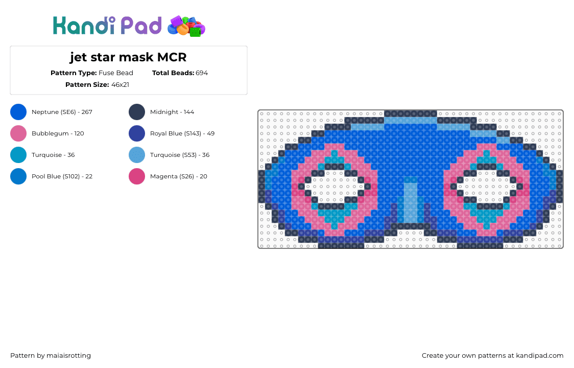 jet star mask MCR - Fuse Bead Pattern by maiaisrotting on Kandi Pad - jet star,fabulous killjoys,mask,comic,my chemical romance,blue,pink