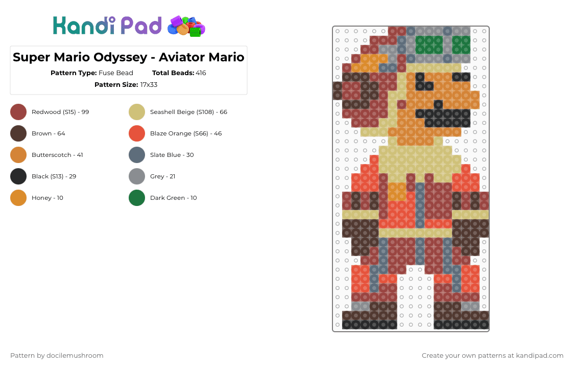 Super Mario Odyssey - Aviator Mario - Fuse Bead Pattern by docilemushroom on Kandi Pad - brown,red,beige,mario,mario odyssey,8bit mario,aviator outfit