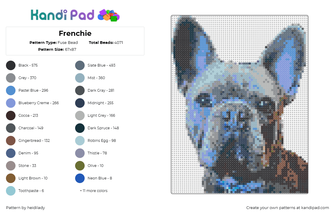 Frenchie - Fuse Bead Pattern by heidilady on Kandi Pad - frenchie,french bulldog,dog,animal,portrait,character,pet,gray