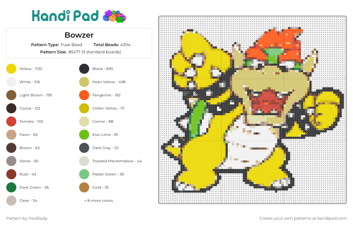 Bowzer - Fuse Bead Pattern by heidilady on Kandi Pad - bowser,nintendo,mario,character,boss,video game,yellow,tan
