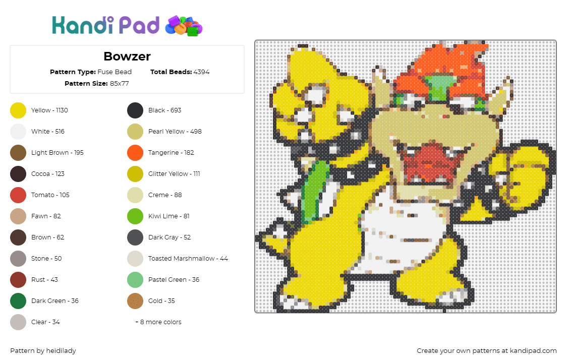 Bowzer - Fuse Bead Pattern by heidilady on Kandi Pad - bowser,nintendo,mario,character,boss,video game,yellow,tan