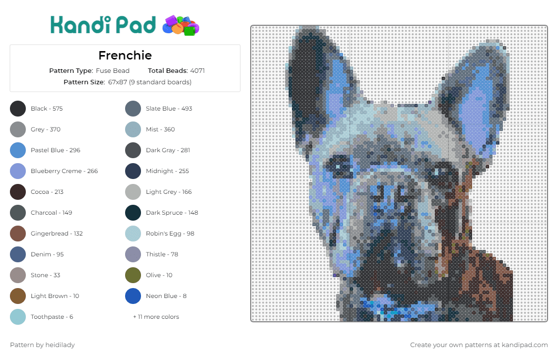 Frenchie - Fuse Bead Pattern by heidilady on Kandi Pad - frenchie,french bulldog,dog,animal,portrait,captivating,charm,character,pet,gray