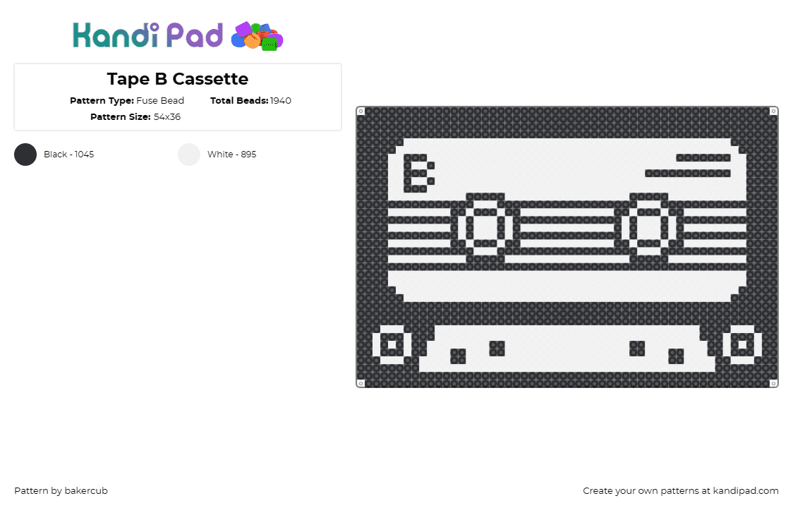 Tape B Cassette - Fuse Bead Pattern by bakercub on Kandi Pad - cassette,tape b,dj,music,edm,classic,retro,black,white