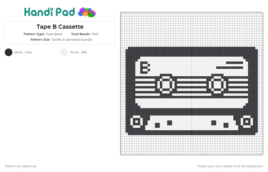 Tape B Cassette - Fuse Bead Pattern by bakercub on Kandi Pad - cassette,tape b,dj,music,edm,classic,retro,audiophile,mixtape,nostalgia,black,white