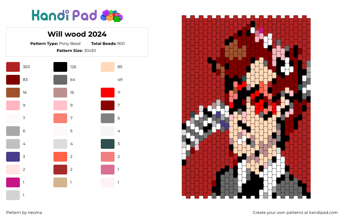 Will wood 2024 - Pony Bead Pattern by neoma on Kandi Pad - will wood,portrait,panel,music,red