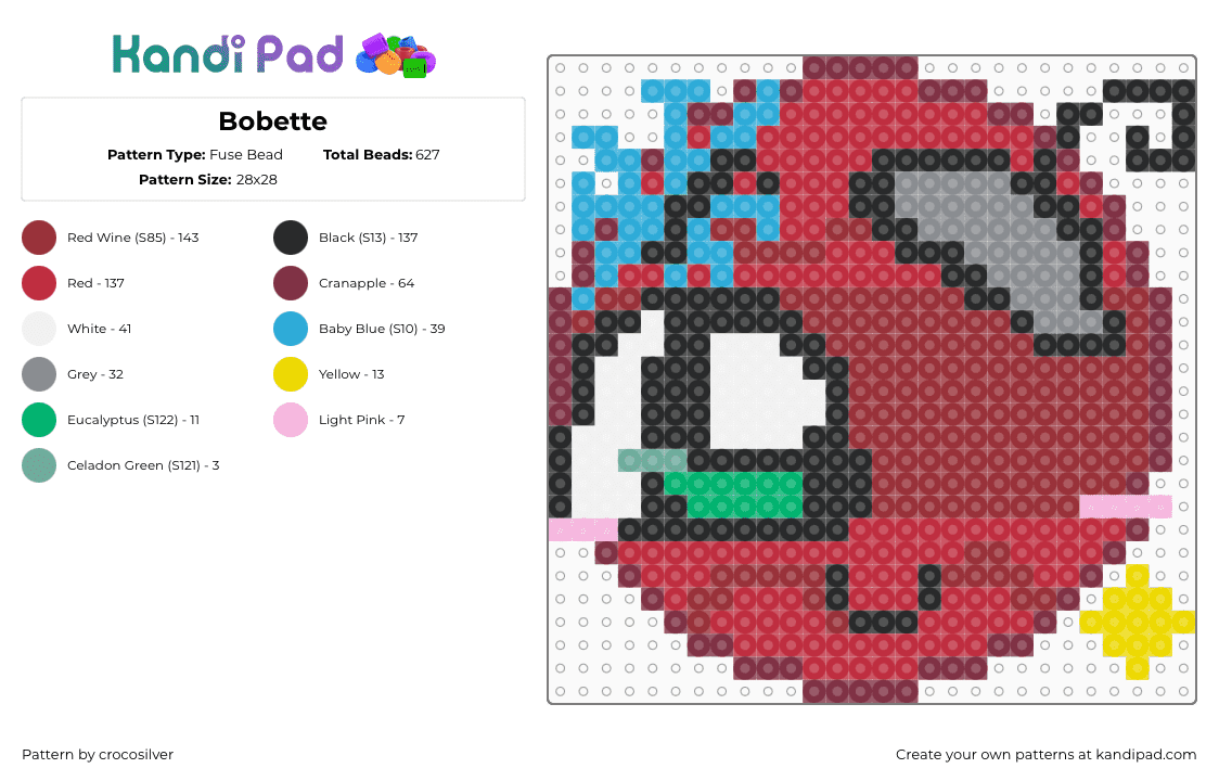 Bobette - Fuse Bead Pattern by crocosilver on Kandi Pad - bobette,dandys world,head,character,video game,ornament,red