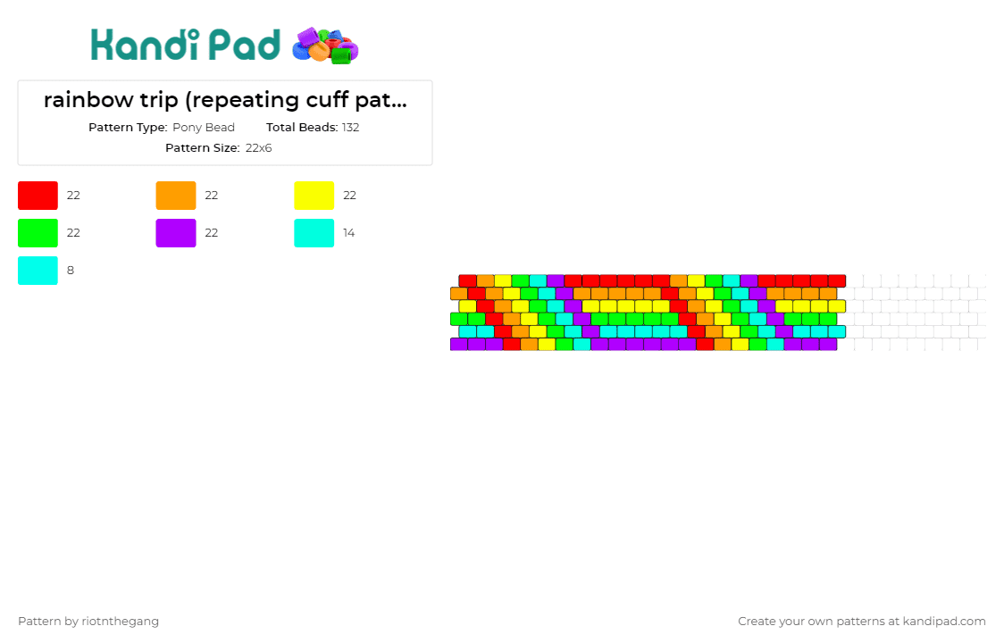rainbow trip (repeating cuff pattern) - Pony Bead Pattern by riotnthegang on Kandi Pad - rainbow,stripes,geometric,cuff,bracelet,accessory,vibrant,cheerful,joyful