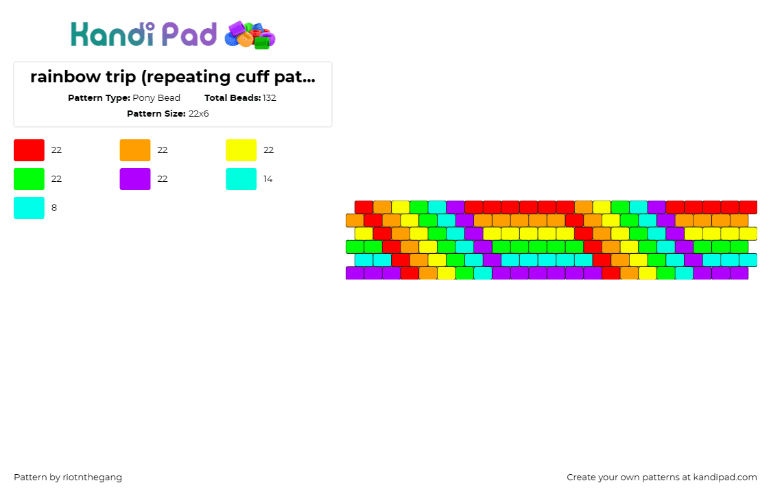 rainbow trip (repeating cuff pattern) - Pony Bead Pattern by riotnthegang on Kandi Pad - rainbow,stripes,geometric,cuff,bracelet,vibrant,cheerful,joyful