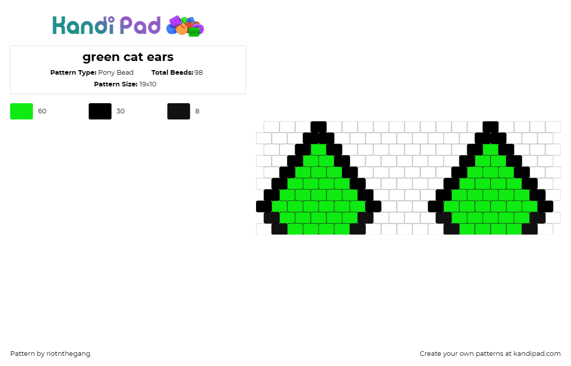 green cat ears - Pony Bead Pattern by riotnthegang on Kandi Pad - cat ears,animal,whimsical,playful,feline,green