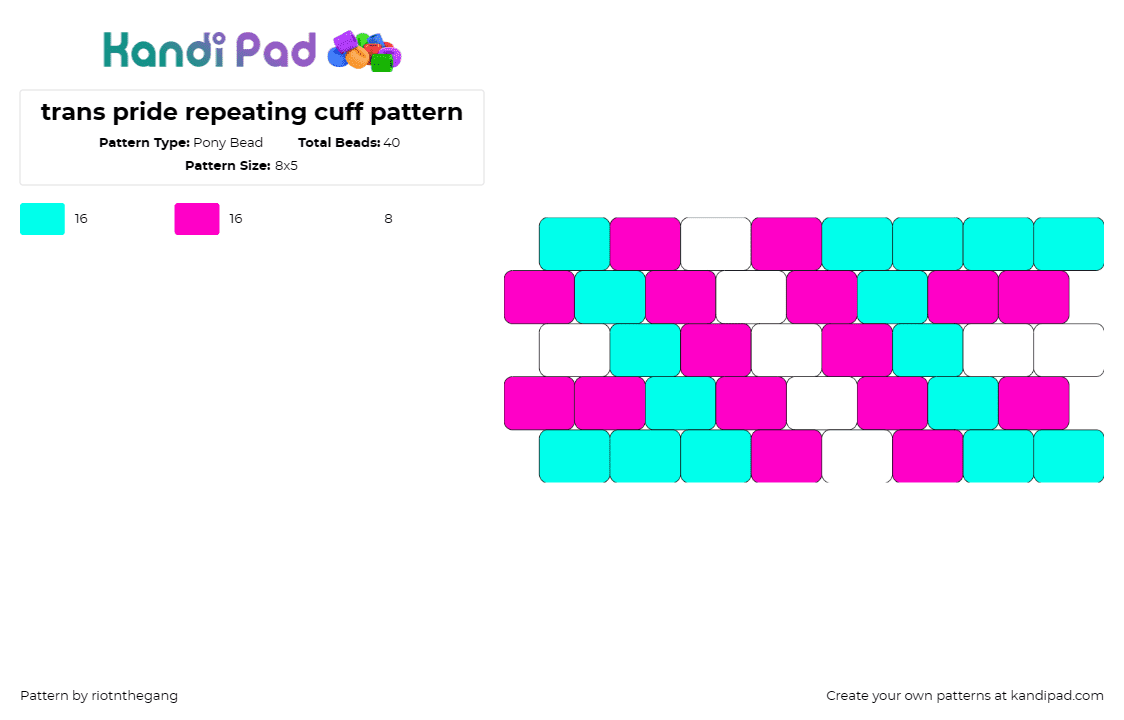 trans pride repeating cuff pattern - Pony Bead Pattern by riotnthegang on Kandi Pad - trans,pride,stripes,symbol,identity,community,support,pink