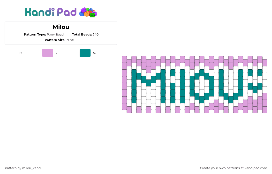 Milou - Pony Bead Pattern by milou_kandi on Kandi Pad - milou,name,text,cuff green,white,pink